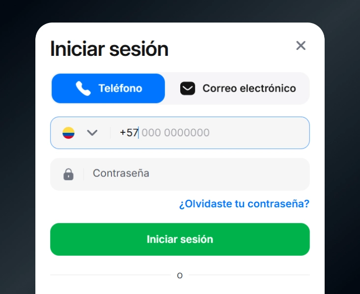 Pantalla de inicio de sesión 1Win con acceso por teléfono o correo electrónico