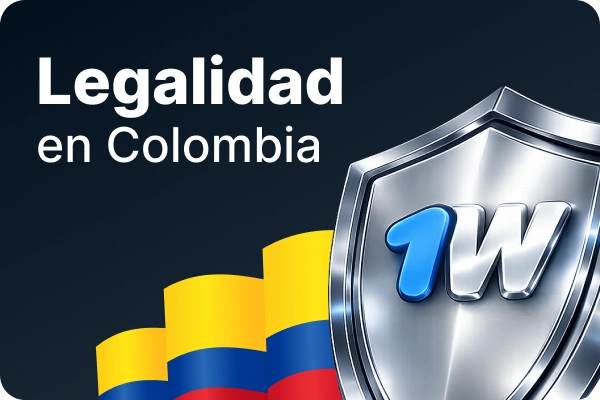 Imagen de legalidad de 1Win en Colombia con escudo metálico y bandera nacional